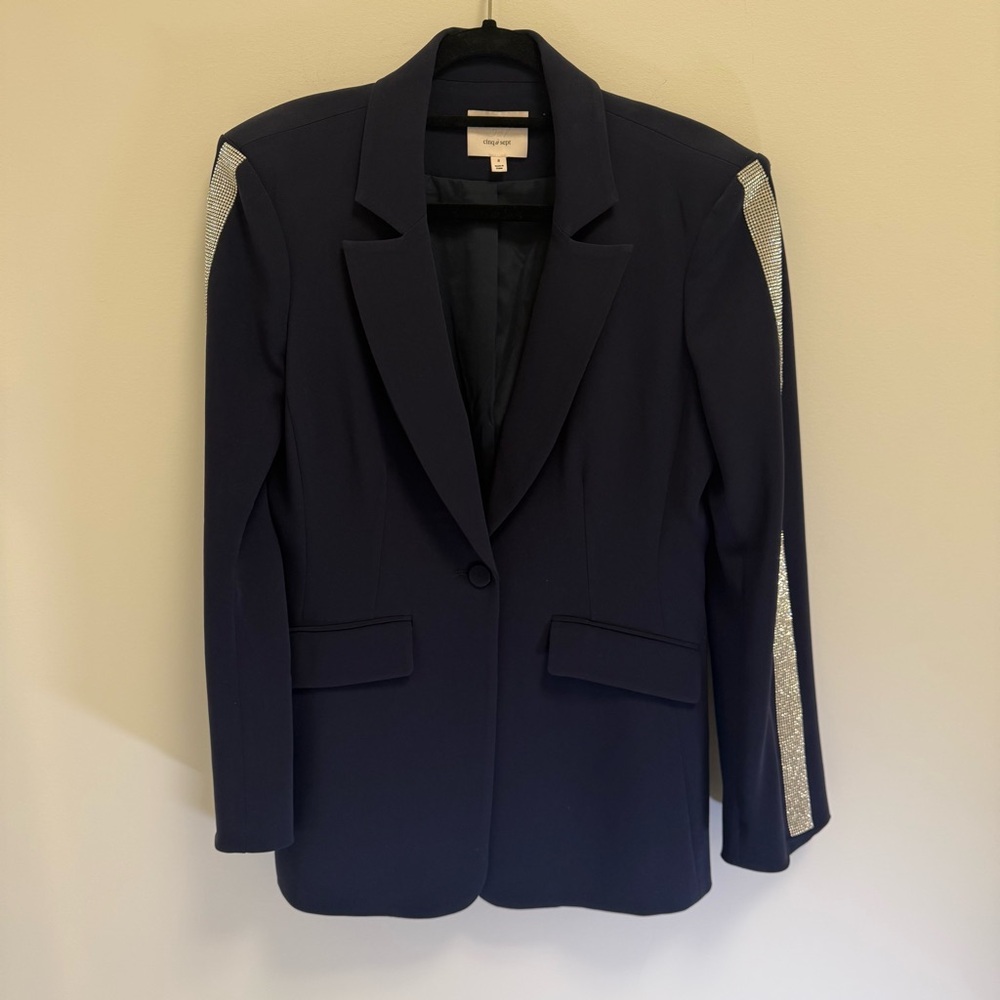 Cinq à Sept Navy Midnight Blazer With Rhinestone Trim